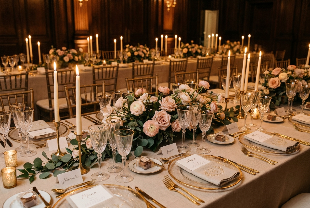 Elegant gedekte trouwtafel met kaarsen, glaswerk en een bloemstuk, de details die je budget bepalen