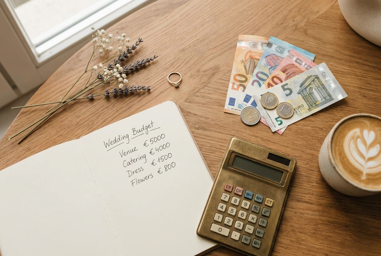 Overzichtelijke flat lay van een trouwbudget met notitieboek, rekenmachine, euro's en een trouwring
