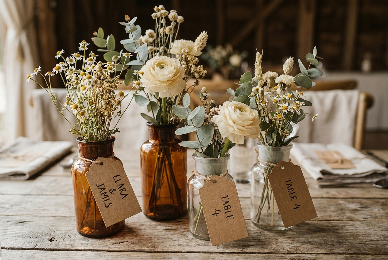 Veldbloemen en eucalyptus in vintage glazen potjes op een houten tafel met kraftpapieren naamkaartjes