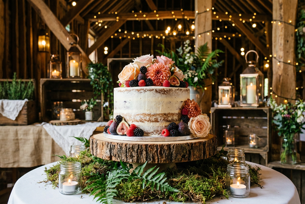 Rustieke naked cake met verse bloemen en bessen op een houten taartstandaard tussen kaarsen en groen